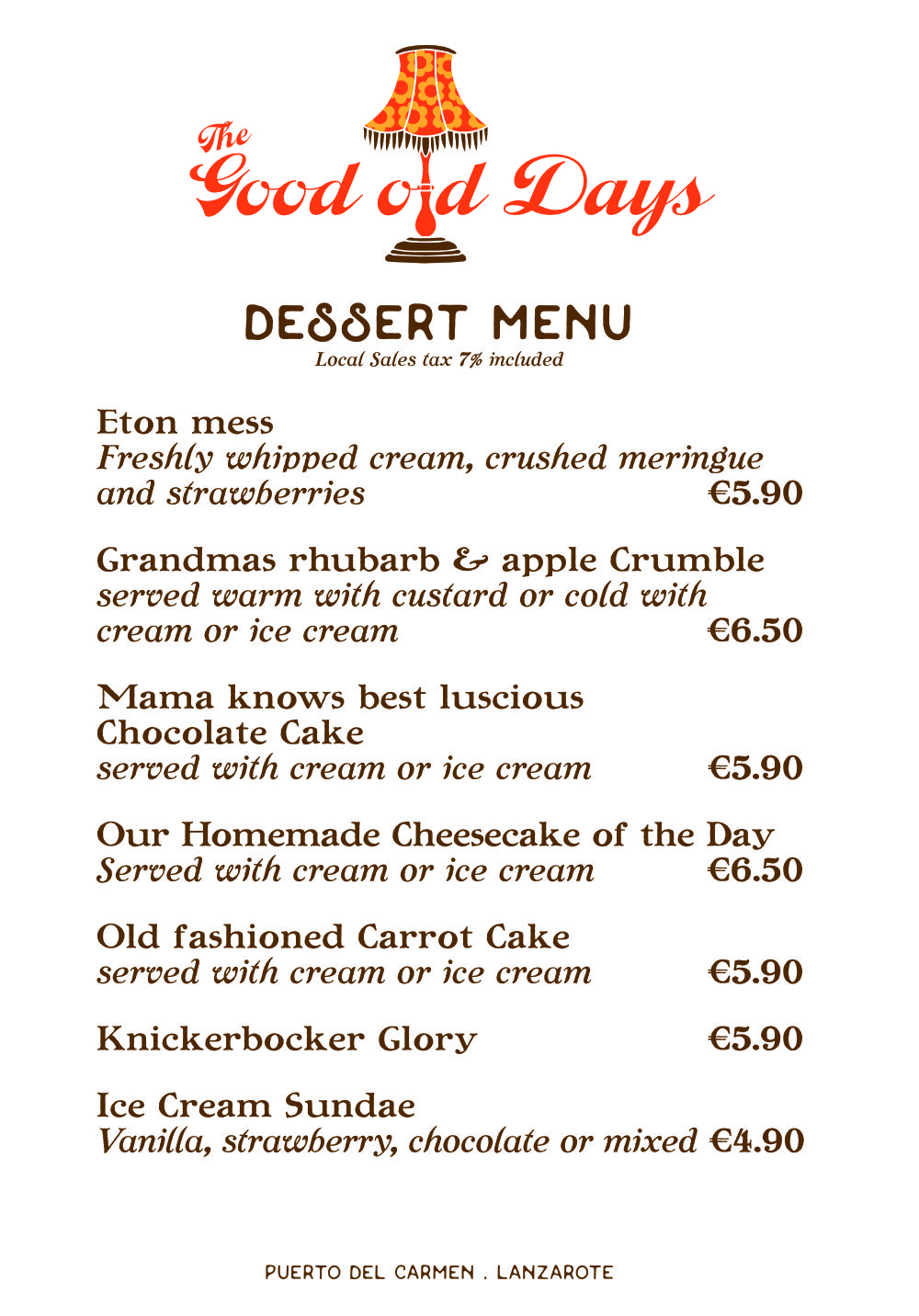 The Good Old Days Dessert Menu